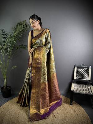 Olive silk leheriya meenakari zari weaves dharmavaram saree 1