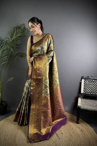 Olive silk leheriya meenakari zari weaves dharmavaram saree