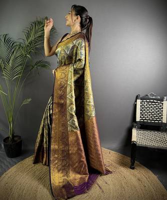 Olive silk leheriya meenakari zari weaves dharmavaram saree 2
