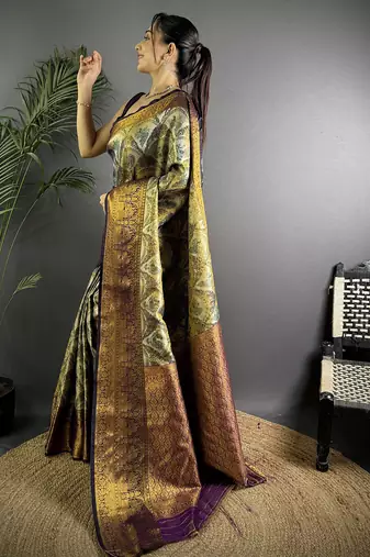 Olive silk leheriya meenakari zari weaves dharmavaram saree