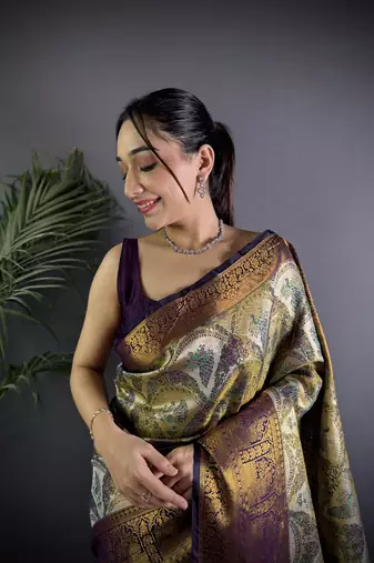 Olive silk leheriya meenakari zari weaves dharmavaram saree