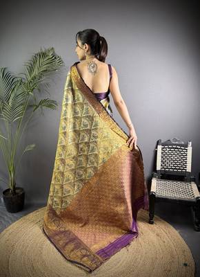 Olive silk leheriya meenakari zari weaves dharmavaram saree 4