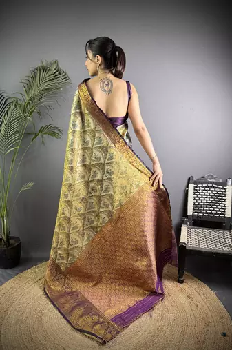 Olive silk leheriya meenakari zari weaves dharmavaram saree