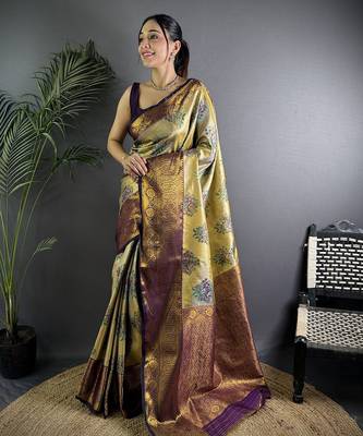 Beige silk leheriya meenakari zari weaves dharmavaram saree 1