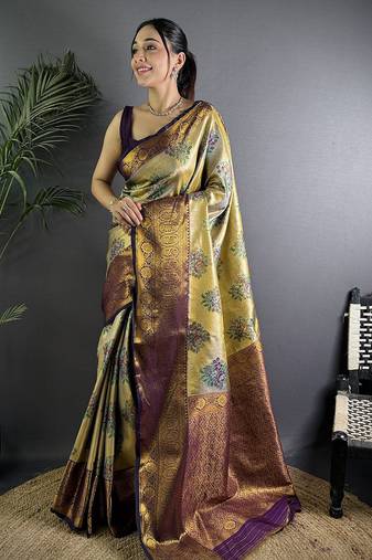 Beige silk leheriya meenakari zari weaves dharmavaram saree