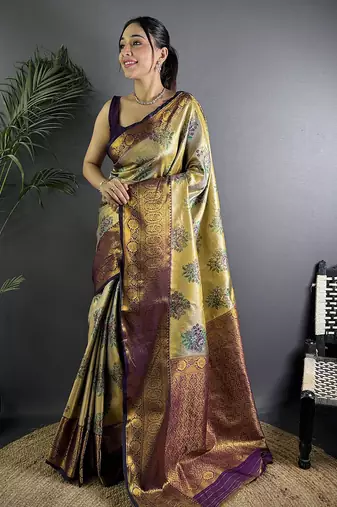 Beige silk leheriya meenakari zari weaves dharmavaram saree