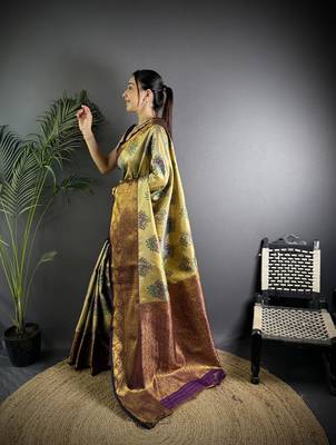 Beige silk leheriya meenakari zari weaves dharmavaram saree 2