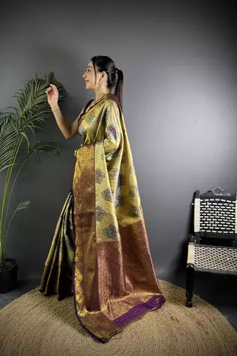 Beige silk leheriya meenakari zari weaves dharmavaram saree