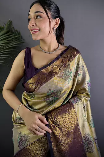 Beige silk leheriya meenakari zari weaves dharmavaram saree