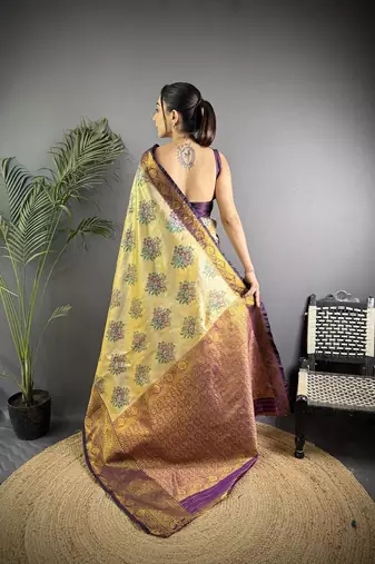 Beige silk leheriya meenakari zari weaves dharmavaram saree
