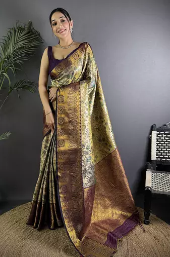 Copper silk leheriya meenakari zari weaves dharmavaram saree