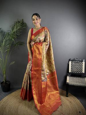Beige silk leheriya meenakari zari weaves dharmavaram saree 1