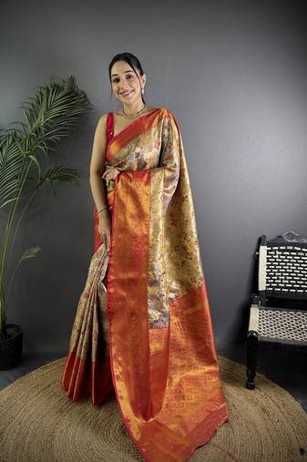 Beige silk leheriya meenakari zari weaves dharmavaram saree