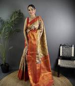 Beige silk leheriya meenakari zari weaves dharmavaram saree