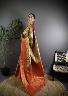 Beige silk leheriya meenakari zari weaves dharmavaram saree 2