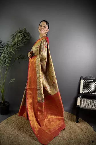 Beige silk leheriya meenakari zari weaves dharmavaram saree