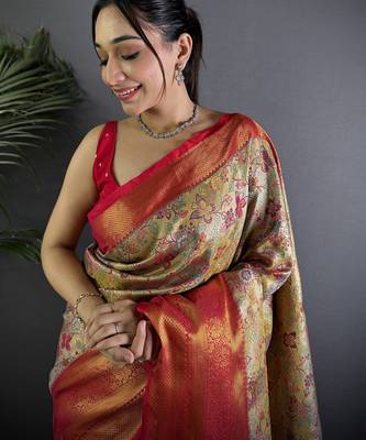Beige silk leheriya meenakari zari weaves dharmavaram saree 3