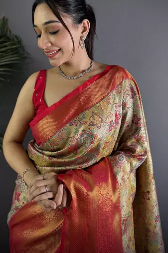 Beige silk leheriya meenakari zari weaves dharmavaram saree