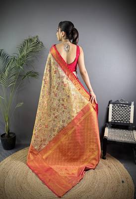 Beige silk leheriya meenakari zari weaves dharmavaram saree 4