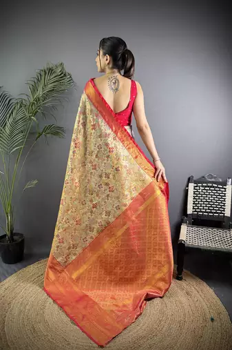 Beige silk leheriya meenakari zari weaves dharmavaram saree