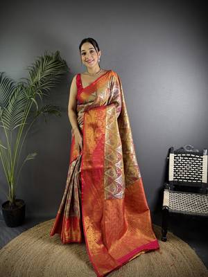 Brown silk leheriya meenakari zari weaves dharmavaram saree 1