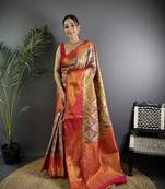 Brown silk leheriya meenakari zari weaves dharmavaram saree