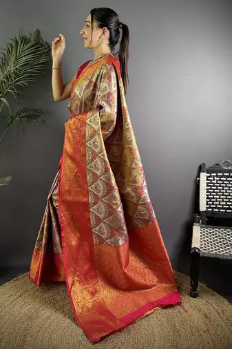 Brown silk leheriya meenakari zari weaves dharmavaram saree