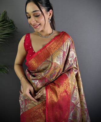 Brown silk leheriya meenakari zari weaves dharmavaram saree 3