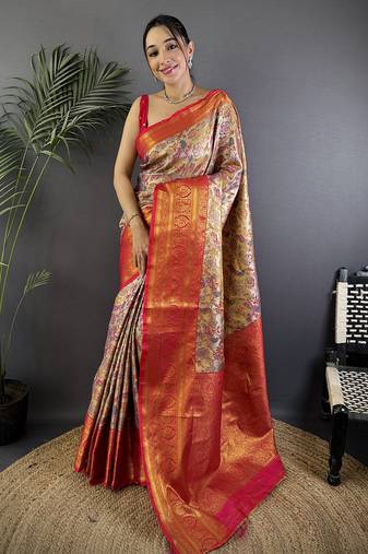 Pink silk leheriya meenakari zari weaves dharmavaram saree