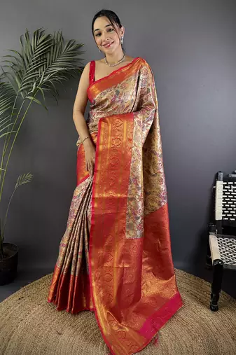 Pink silk leheriya meenakari zari weaves dharmavaram saree