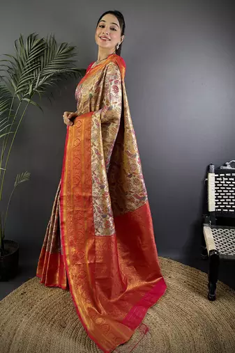 Pink silk leheriya meenakari zari weaves dharmavaram saree