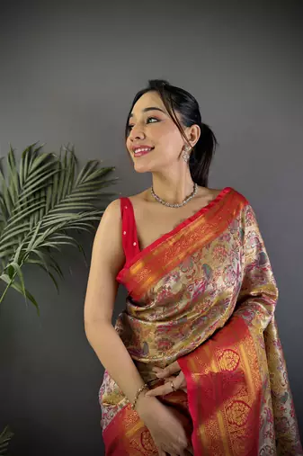 Pink silk leheriya meenakari zari weaves dharmavaram saree