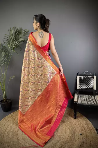 Pink silk leheriya meenakari zari weaves dharmavaram saree