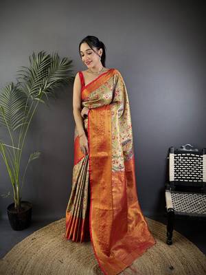 Beige silk leheriya meenakari zari weaves dharmavaram saree 1