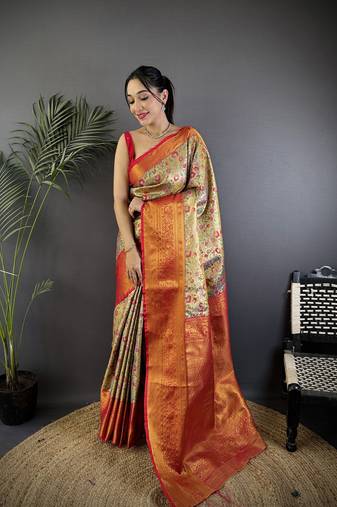 Beige silk leheriya meenakari zari weaves dharmavaram saree