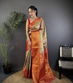 Beige silk leheriya meenakari zari weaves dharmavaram saree