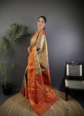 Beige silk leheriya meenakari zari weaves dharmavaram saree 2