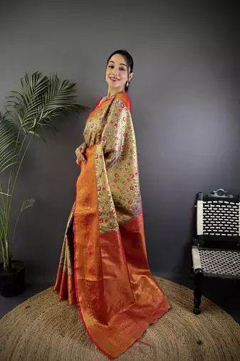 Beige silk leheriya meenakari zari weaves dharmavaram saree