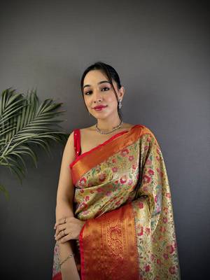 Beige silk leheriya meenakari zari weaves dharmavaram saree 3