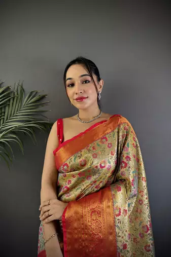 Beige silk leheriya meenakari zari weaves dharmavaram saree