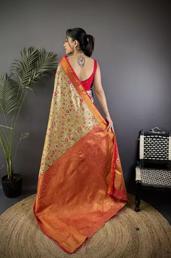 Beige silk leheriya meenakari zari weaves dharmavaram saree