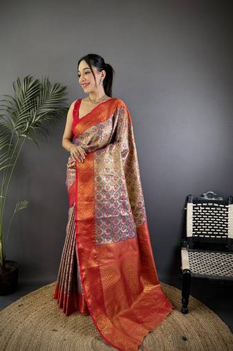 Purple silk leheriya meenakari zari weaves dharmavaram saree