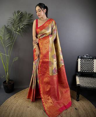 Gold silk leheriya meenakari zari weaves dharmavaram saree 1