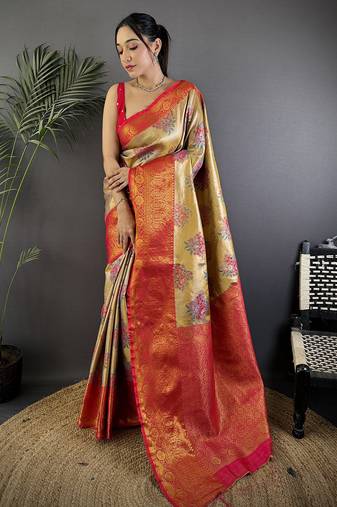Gold silk leheriya meenakari zari weaves dharmavaram saree