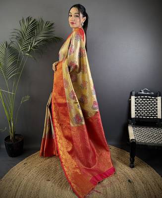 Gold silk leheriya meenakari zari weaves dharmavaram saree 2