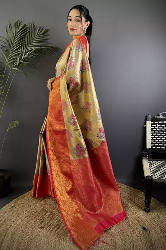 Gold silk leheriya meenakari zari weaves dharmavaram saree