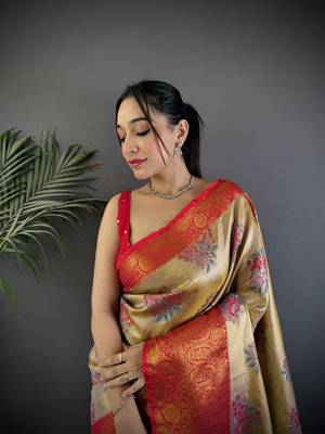 Gold silk leheriya meenakari zari weaves dharmavaram saree 3