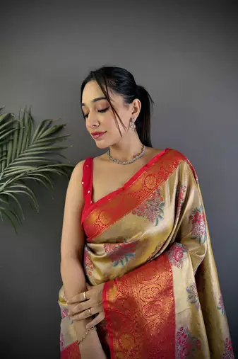 Gold silk leheriya meenakari zari weaves dharmavaram saree