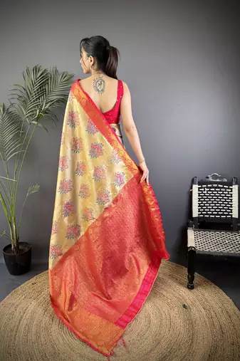 Gold silk leheriya meenakari zari weaves dharmavaram saree