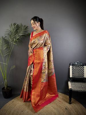Beige silk leheriya meenakari zari weaves dharmavaram saree 1